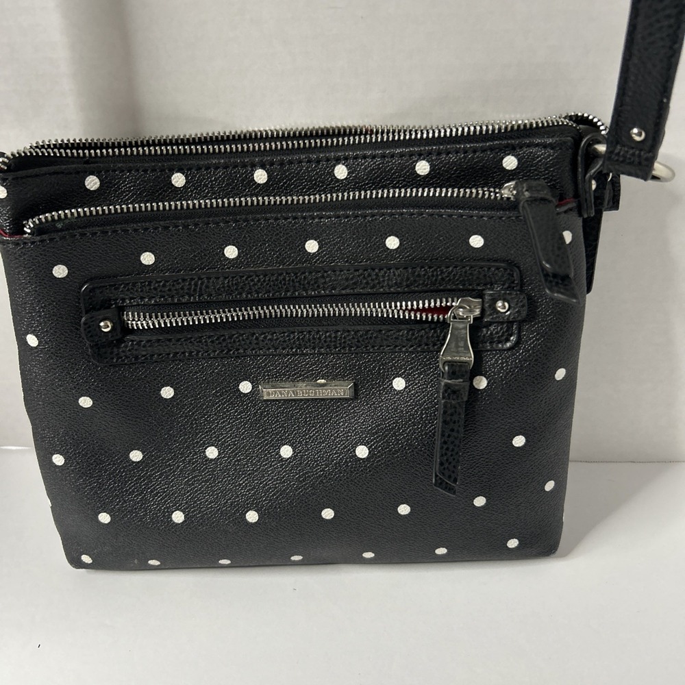 Dana Buchman Polka Dot Pebbled Crossbody Bag Zip Silver Hardware‎ Red Lining